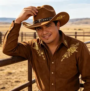Farmer-Style Cowboy Hat - Plated Bull-Head Sculpted Metal Belt, Floral Embroidery Brim, Rolled Brim, Solid Color, Crease Design, Suede-Like Feel, Windproof Drawstring, All-Season Sports & Outdoor Hat, Hats