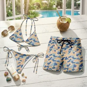 Hot Summer 2026 Matching Couple Swimwear Set, Sand Blue Camo Bikini Set & Men Hawaiian Beach Shorts
