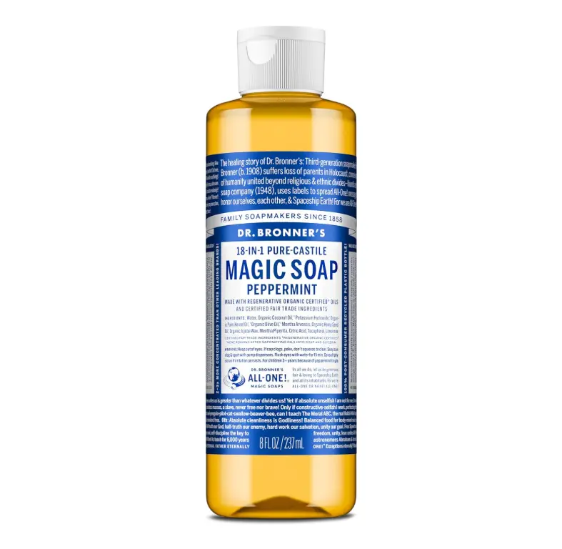 Dr. Bronner's Peppermint Pure-Castile Liquid Soap, Body Wash, 8 oz | 18-in-1 Uses: Body Wash & Hand Soap, Shampoo, Face, Laundry, Floors, Car, Pets & More, Fair Trade & Organic Oils, Travel Size