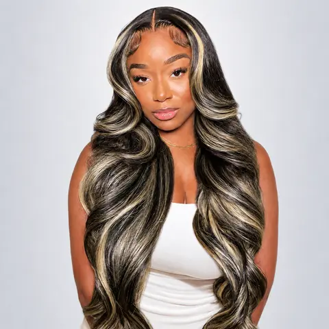 QUANDIAN Women's 13x6 HD Lace Front Wavy Human Hair Wig, 200% Density Pre-Plucked Virgin Body Wave Highlight Ombre Balayage Wig, Front Wavy Wig