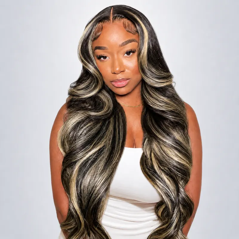 QUANDIAN Women's 13x6 HD Lace Front Wavy Human Hair Wig, 200% Density Pre-Plucked Virgin Body Wave Highlight Ombre Balayage Wig, Front Wavy Wig,sohochic