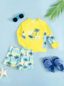 Surf Coconut Tree Swimsuit, Bright Colorblock Long Sleeve Sun Protection Quick-Dry Two-Piece Set, Kids Swimwear