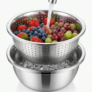 3-In-1 Stainless Steel Multi-Functional Strainer Set, Includes Basin/sieve/cutter, Ideal for Washing Rice Fruits Vegetables Kitchen Essentials