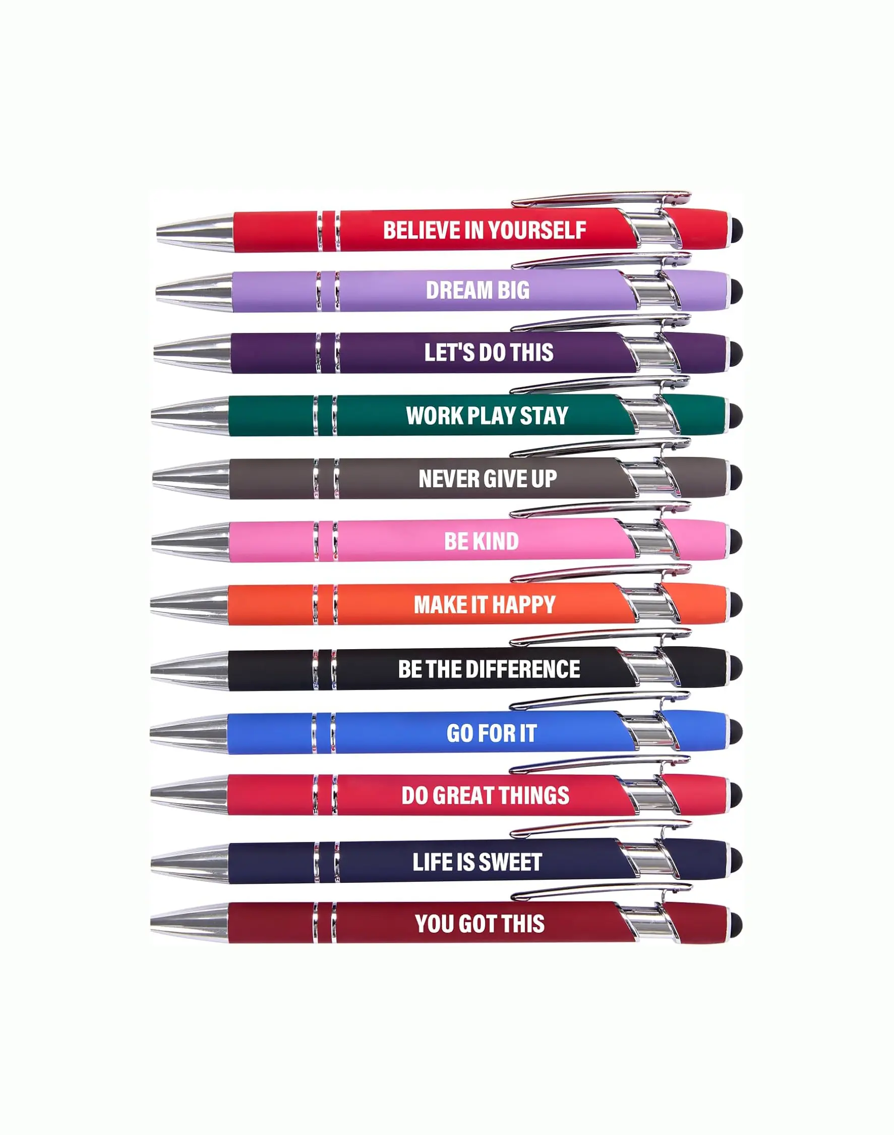 12-Pack Office Stationery Supplies Pens - Fine Tip Markers, Smooth Ink Write, Colorful Quotes, Touchscreen Pen, Fun Desk Gift for Office Use