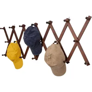 Accordion Wall Hanger with 20 Hooks, Expandable Wall Hat Display Rack, Wooden Wall Hook for Coat, Hats, Baseball Caps, Coffee Mug, (Brown)