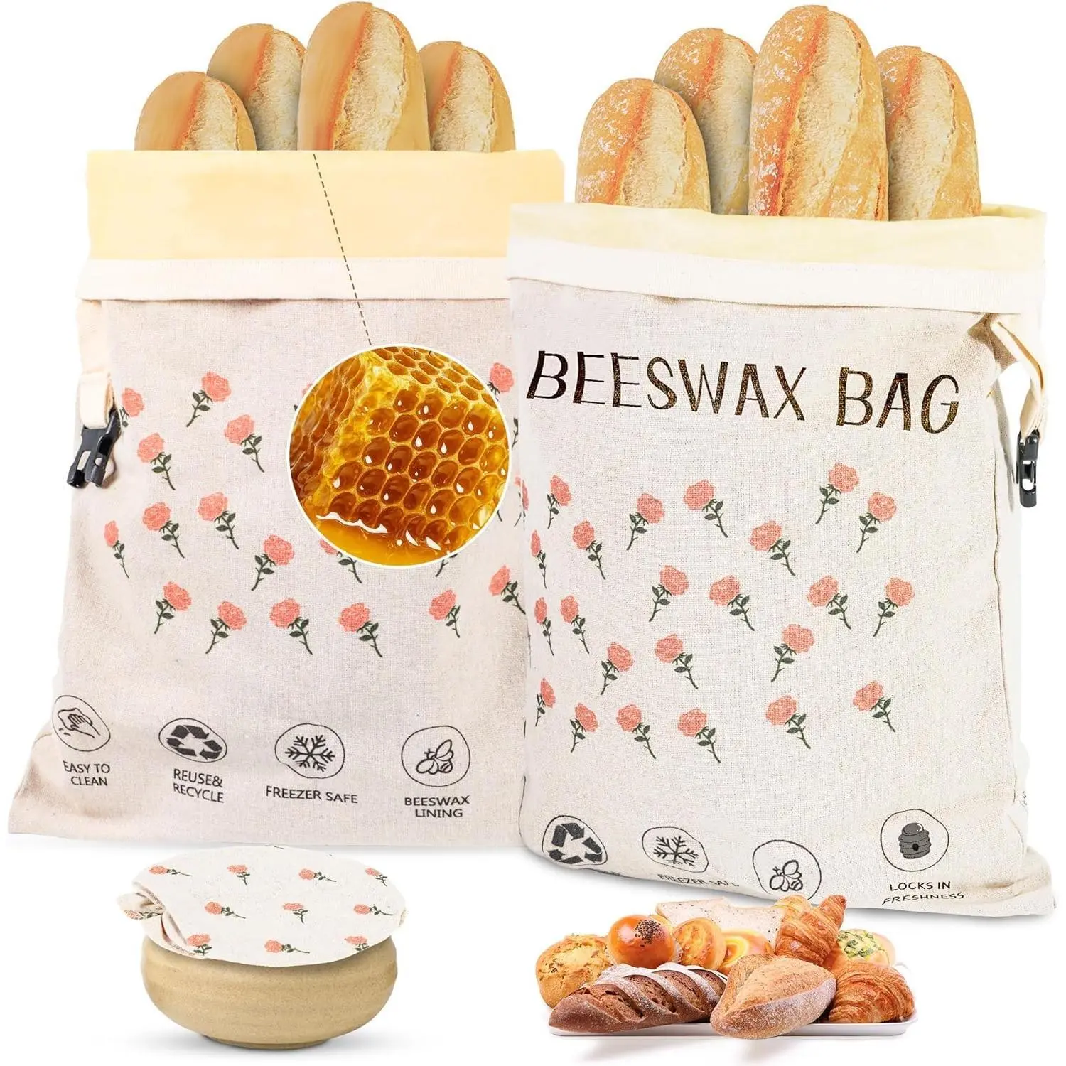 2 Pack Beeswax Bread Bag,17"x13"  Bread Bags for Homemade Bread Sourdough,Linen Outer Lining and Pure  Beewax Inner Lining -proof &-Preserving With Buckle&Bowl Covers