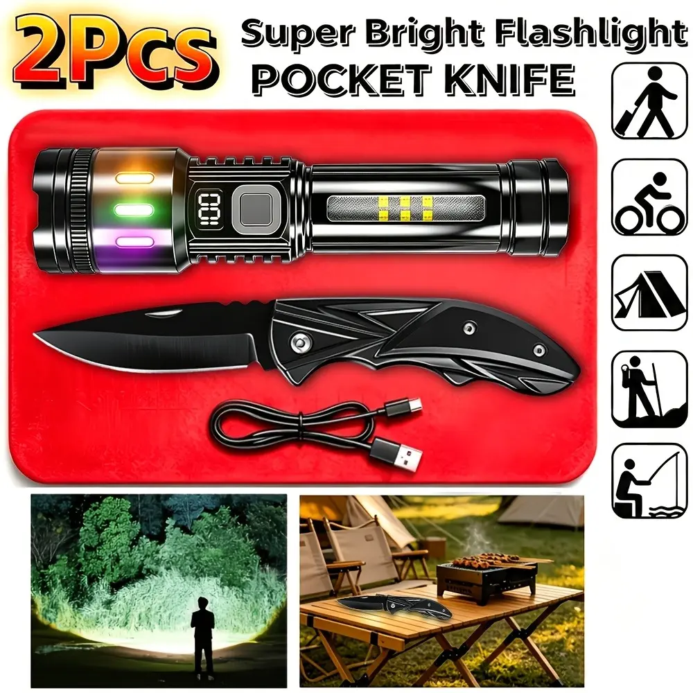 2pcs EDC Outdoor Gear | Super Bright Rechargeable Tactical Flashlight and Pocket Knife High Quality with Clip | Portable Set Perfect for Camping Fishing Hunting Daily Use Emergency Survival Gear and Equipment | Gadgets for Men Best Gifts