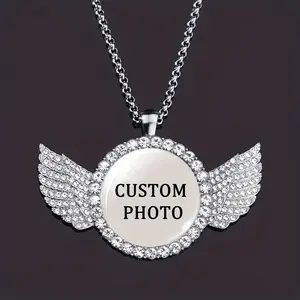 Custom Photo Pendant Necklace With Angel Wings Design, Personalized Hip Hop Rock Zinc Alloy Jewelry With Crystal Decoration, Punk Style Unplated Glass Dome Picture Necklace For Men And Women - Unique Gift Idea mens  jewelry elegant accessory chain woman