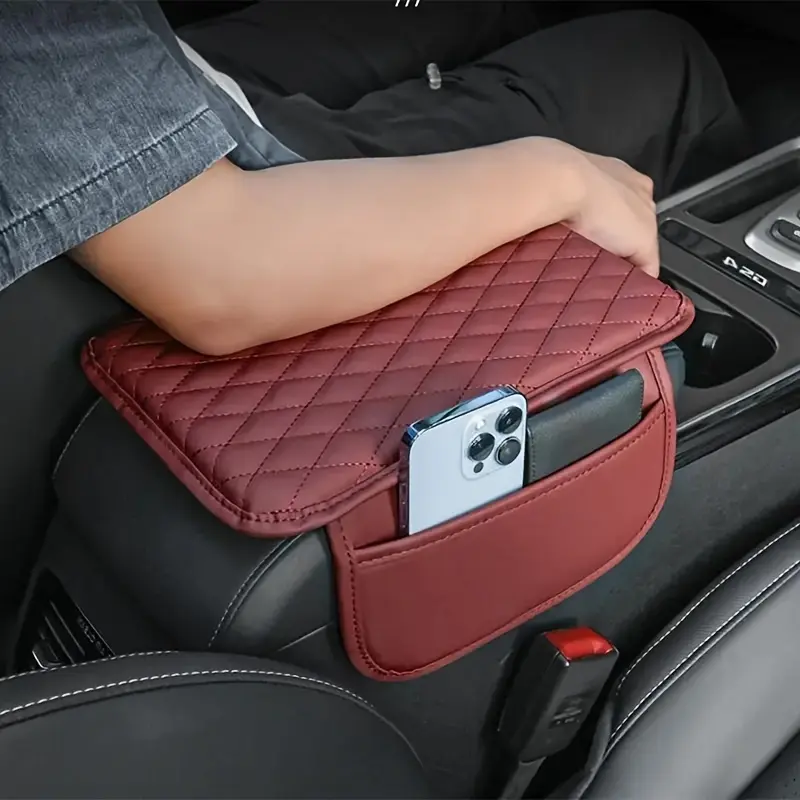 Premium PU Leather Car Armrest Pad – Armrest Cushion with Side Storage Bag & Pocket, Comfortable Car Interior Accessory for SUVs & Sedans