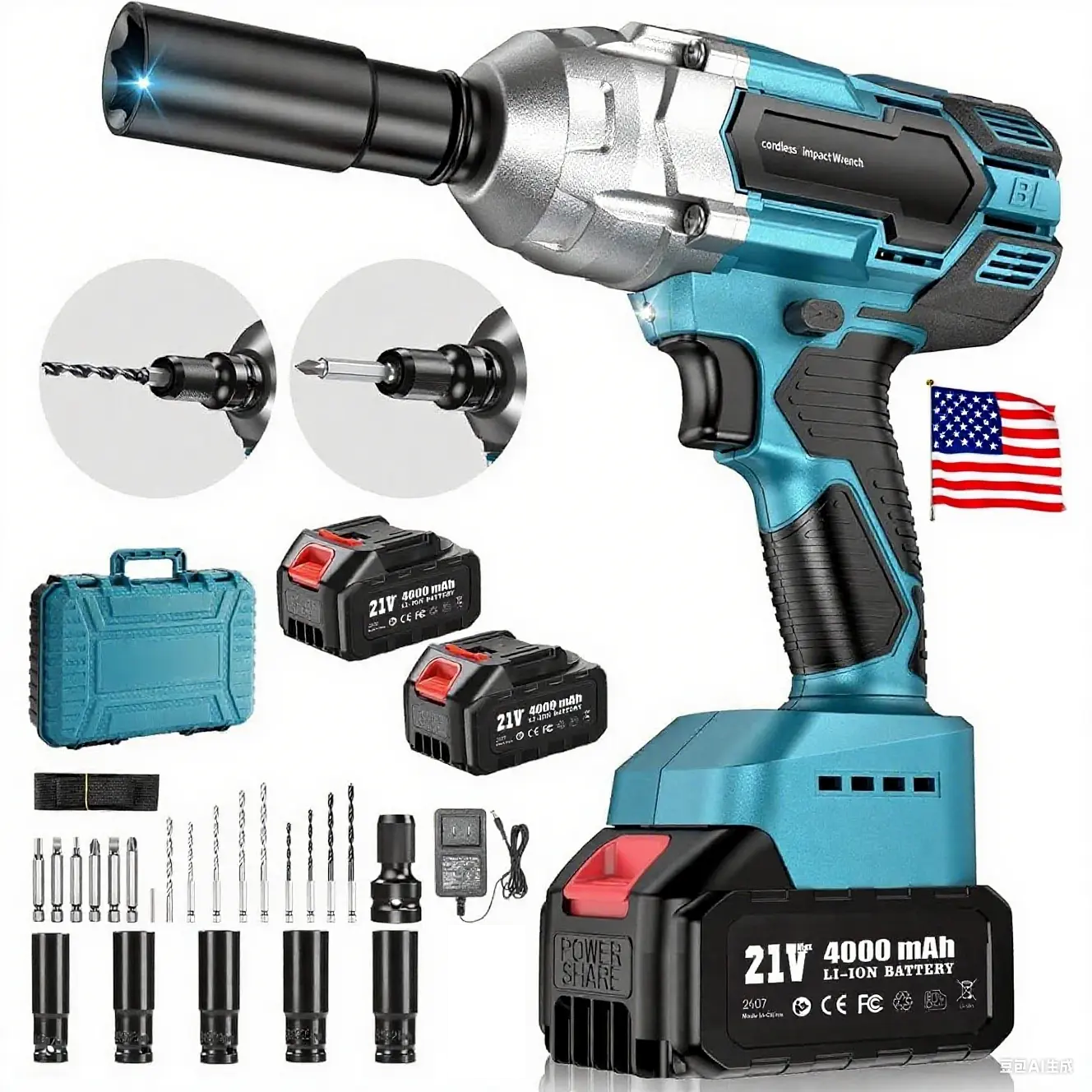 Professional 12 Inch Cordless Impact Wrench High Torque 3 in 1 Impact Gun with 2x 3000mAh Batteries Charger 5 Sockets 8 Drills 10 Screws Tool Case for Car Lug Nuts Repair
