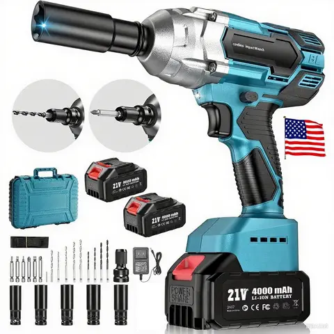 Professional 12 Inch Cordless Impact Wrench High Torque 3 in 1 Impact Gun with 2x 3000mAh Batteries Charger 5 Sockets 8 Drills 10 Screws Tool Case for Car Lug Nuts Repair