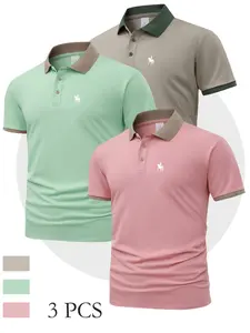 Men's Raff Lauren Horse Print Polo Shirt Short Sleeve, 3 Piece Set, Comfortable Casual Outdoor Wear, Checked Pattern, Summer Fashion, Polo Shirt Outfit