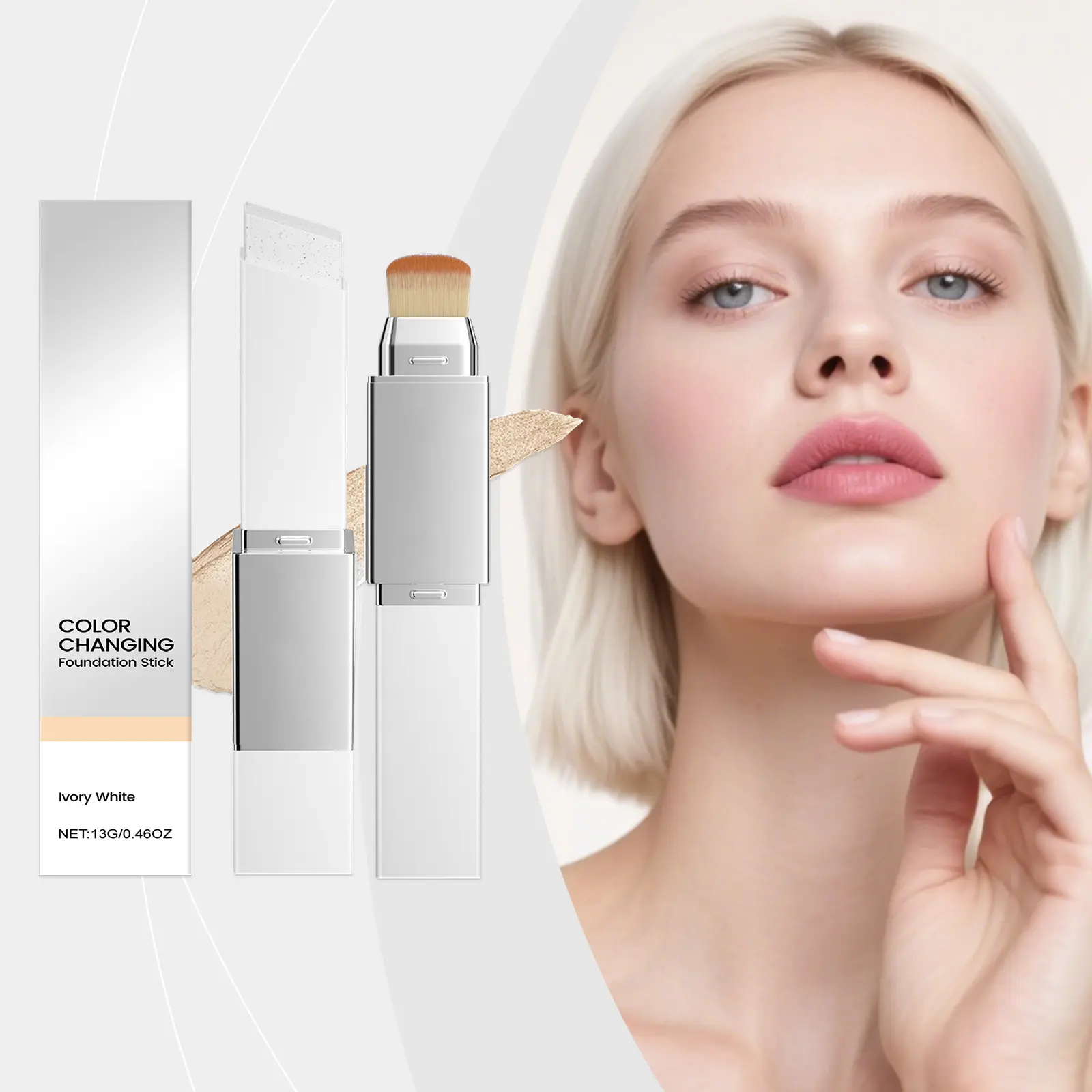 AMZ Ivory White 2-in-1 Color-Changing Foundation Stick — lightweight, hydrating, matte, sheer finish for a natural makeup look