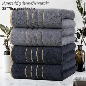 Premium 4-Pack Large Coral Fleece Towels, 35*75cm/13.7*29.5inch Gold Striped Face Towels, Quick-Drying & Elegant, Suitable for Bathroom/Hotel/Gym - Ideal Christmas/Holiday Supplies