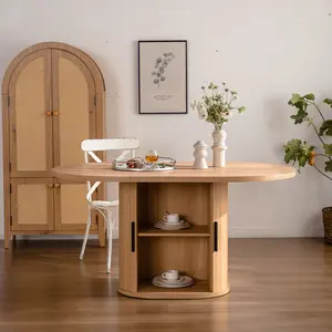 Natural Wood 59’’ Oval Dining Table for 4-6, Modern Farmhouse Kitchen Table with 2-Layer Storage Shelf & Sliding Door, Space-Saving for Small Apartment