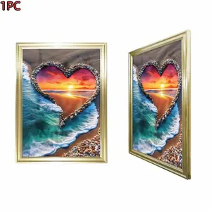 1pc Framed Gold Frame Heart Shape Beach Sunset Canvas Art Print For Living Room Bedroom And Hallway Decor With Golden Frame