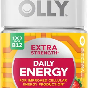 OLLY Extra Strength Daily Energy Gummy, Caffeine Free, 1000mcg Vitamin B12, CoQ10, Goji Berry, Adult Chewable Supplement, Berry Yuzu Flavor - 60 Count