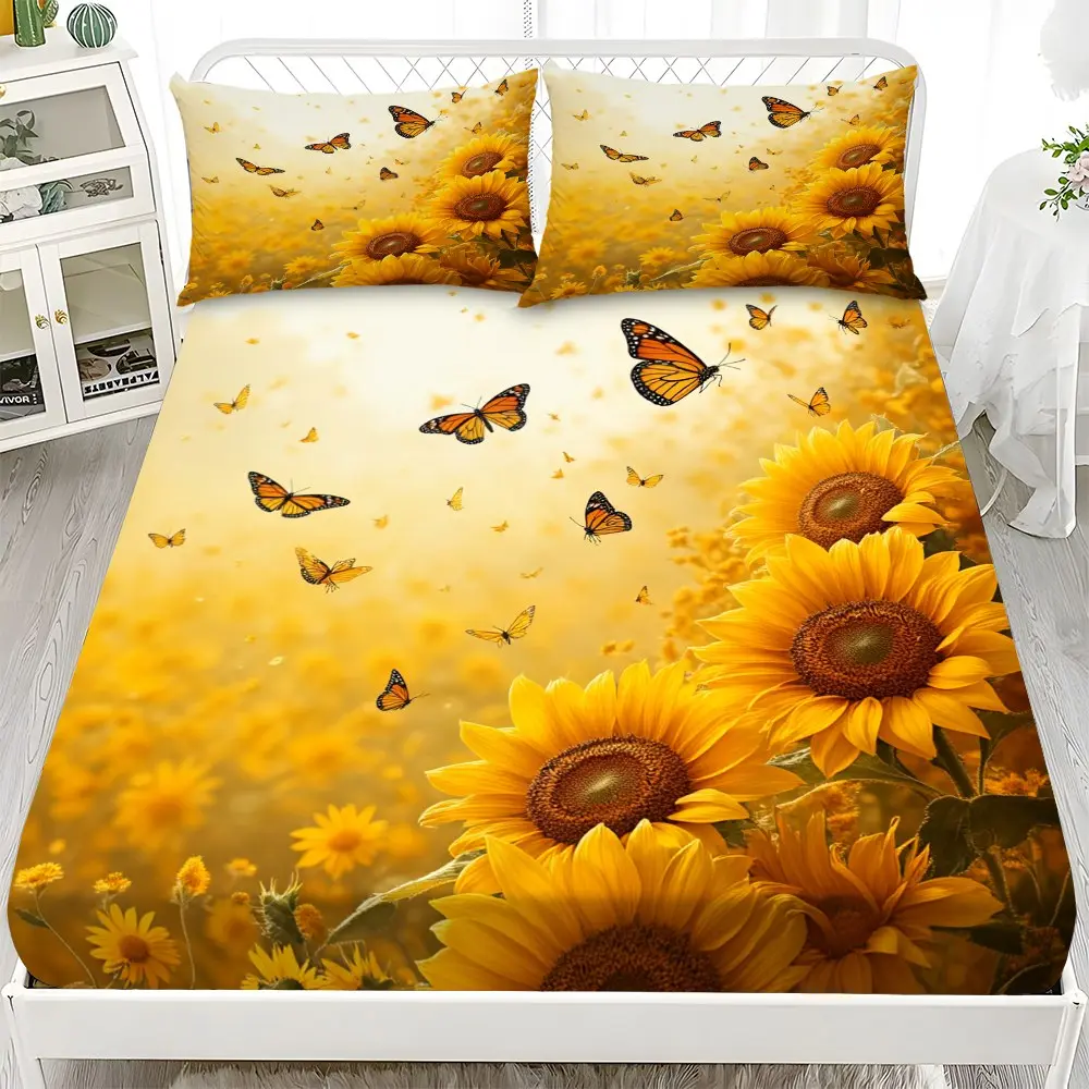 Bed sheet set, Bed linens - 3-piece set with 2D flat printing,sunflower and butterfly pattern mattress protector in ten sizes (1*fitted sheet + 2*pillowcases, no filling included), comfortable bedding set,suitable for home bedrooms and guest rooms