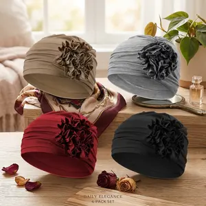 Women's Soft Slouchy Chemo Turban Headwear - 4 Pcs Set with Elastic Sleep Cap and Flower Design Comfortable Head Cover for Cancer Patients Sleep Wear
