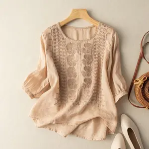 2026 Summer New Arrival Women Retro Blouse,Medium Sleeve Heavy Embroidery Design,Loose Literary Cotton Linen Thin Casual Daily Tunic Tops