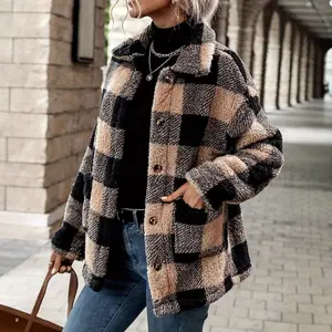 BIGWIG women's autumn and winter coat, button plaid pattern, double pockets, dropped shoulder flannel long sleeve coat, double-faced plush plaid lapel jacket, women's plaid lambskin jacket, winter warm lapel coat