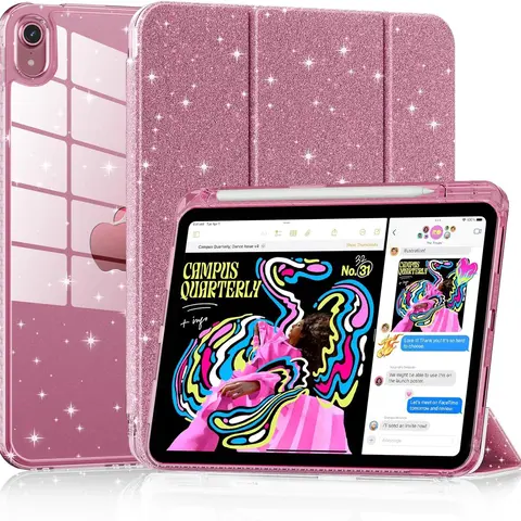 Glitter Durable Crash-Proof Tablet Cover with Protection - Transparent Back, Pencil Holder, Handheld Design, Accessories for iPad 11th Gen 11in (2025, A16), iPad 10th Gen 10.9 inch (2022)