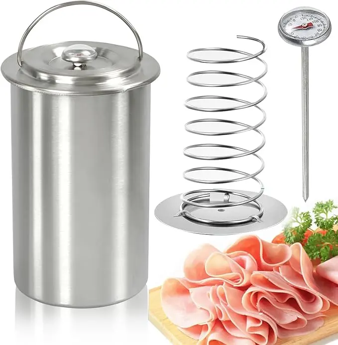 Stainless Steel Deli Meats Press Maker | Ham Maker Mold with Meat Thermometer and Handle, Spring Mechanism | Sturdy Durable Meat Pump Machine for Homemade Lunch Deli meats, Sandwiches