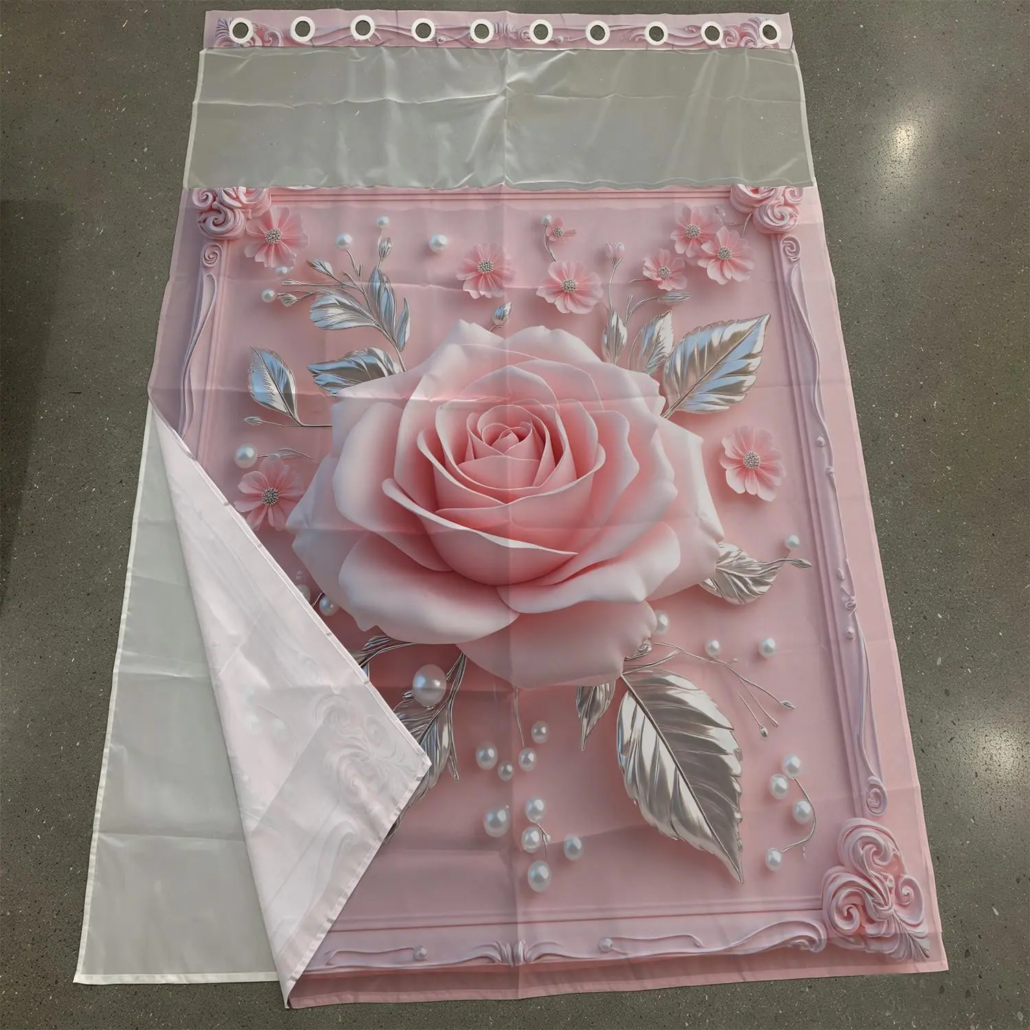 1PC/4PCS 2D Flat Printing Pink Silver Rose Pearl Decoration Patterned Girly Shower Curtain, Aesthetic Shower Curtain, home bathroom decor, shower curtain set with 12 hooks, non-slip bathroom rug, U-shaped toilet seat cover, toilet seat mat.