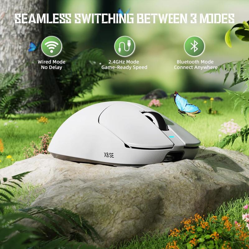 ATTACK  X8 SE 55g Superlight  Gaming ,BK52820 Tri-Mode BT/2.4G /Wired ,25000DPI,500mAh ,Med to Large Hand Size,5 Programmable Buttons for Pc/(White)