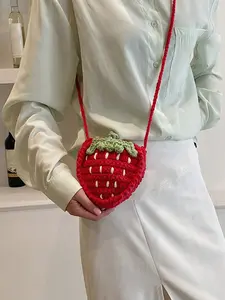 Cute Strawberry Knitted Yarn Bag, Handmade DIY Unique Design Crochet Bag, Mini Coin Crossbody Pouch, All Seasons Accessory