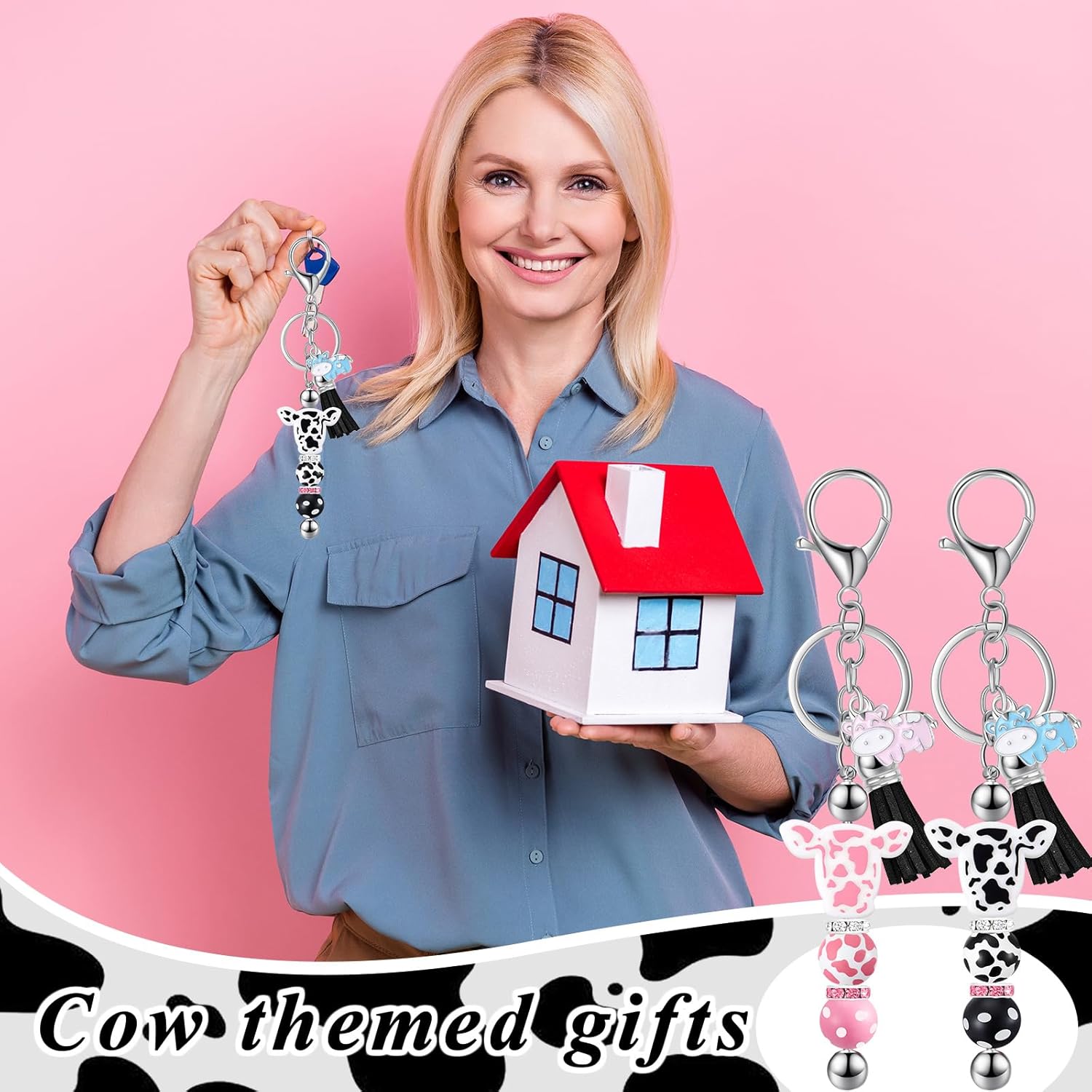 108pcs bead keychain set, including 10 keychains, 10 lobster chains, 28 round beads, 10 bull head beads, 10 tassels, 10 bull pendants, and 30 spacer beads DIY craft gifts Halloween gifts Christmas gifts