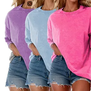 HarleyLand 3Pcs Acid Wash  Cotton Lady T-shirts Oversized Half Short Sleeves Casual Loose Solid Streetwear Tops,Lady T-shirt Baggy Retro Street T-Shirts,Loose Fit