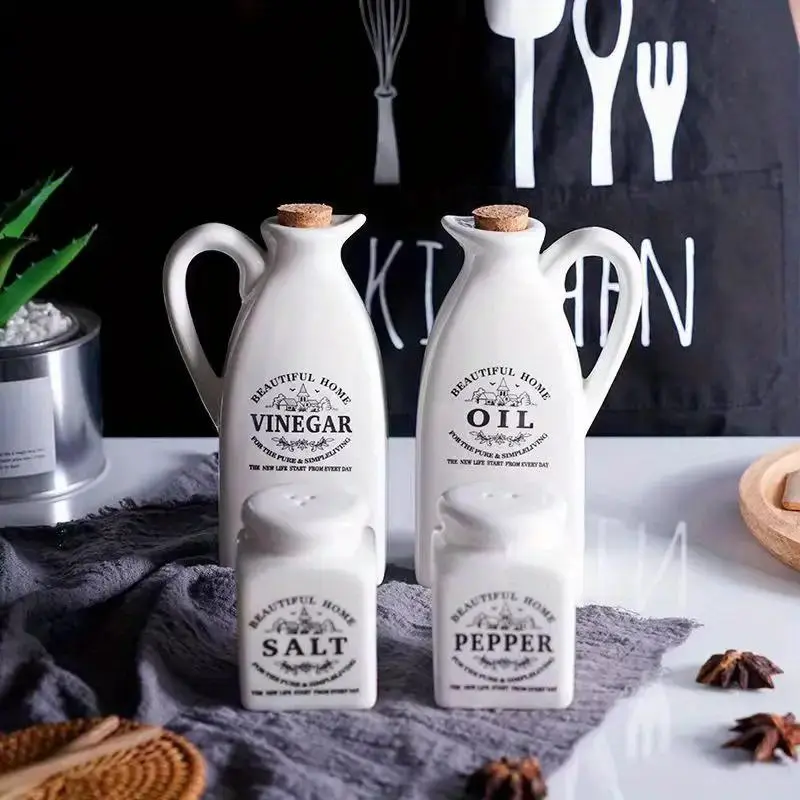 Ceramic Oil Bottles for Kitchen Set, Leak-Proof Vintage Oil Mixer, Seasoning Jar & Spice Storage Container, Condiment Holder for BBQ, Picnic & Cooking, Kitchen Utensils, Kitchenware