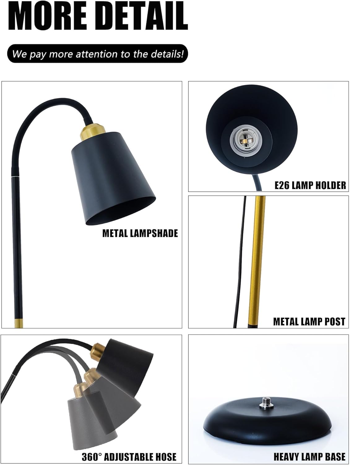 Short Floor Lamp, AoMck 2 in 1 Reading Table Lamps with Adjustable Bendable Neck, Standing Lamp for Living Room Bedroom Office, 12W Bulb Included (Black)