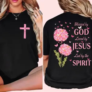 Women's Graphic Round Neck Short Sleeve T-Shirt - 2 Sided "Blessed By God, Loved By Jesus, Led By The Spirit" Print, Pure Cotton, Breathable, Casual Streetwear Lady Sports Top for Everyday Wear