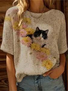 Spring and Summer Collection, Womenswear, One-Shoulder Long-Sleeved Knitted Top with Striped Cat Yellow and Flower Print for Ladies, Beach Vacation Style, Casual Office Wear