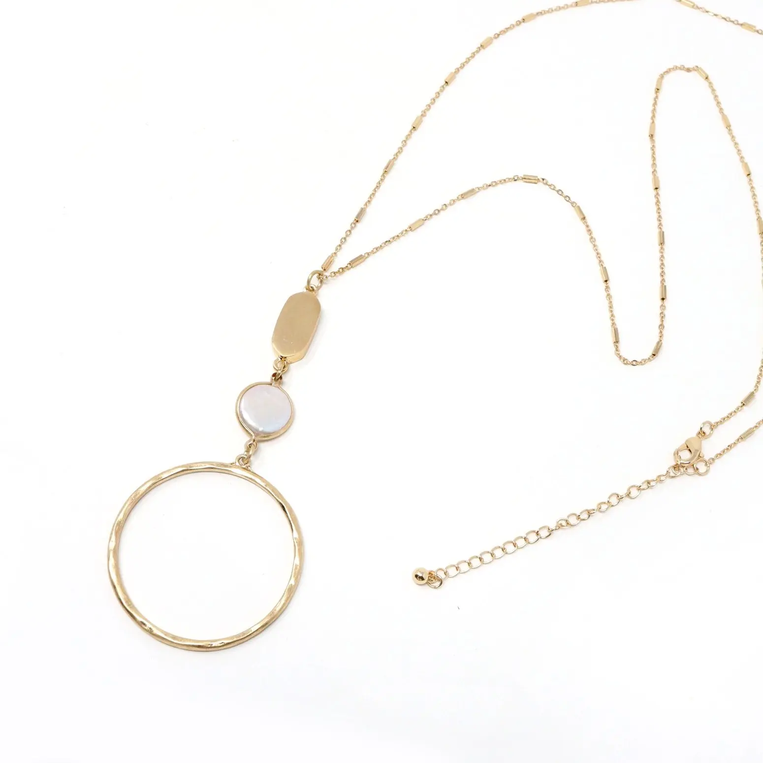 Bauble Sky Long Pendant Necklace with Freshwater Pearl Accent, Hammered Finish, Effortless Elegance for Any Occasion