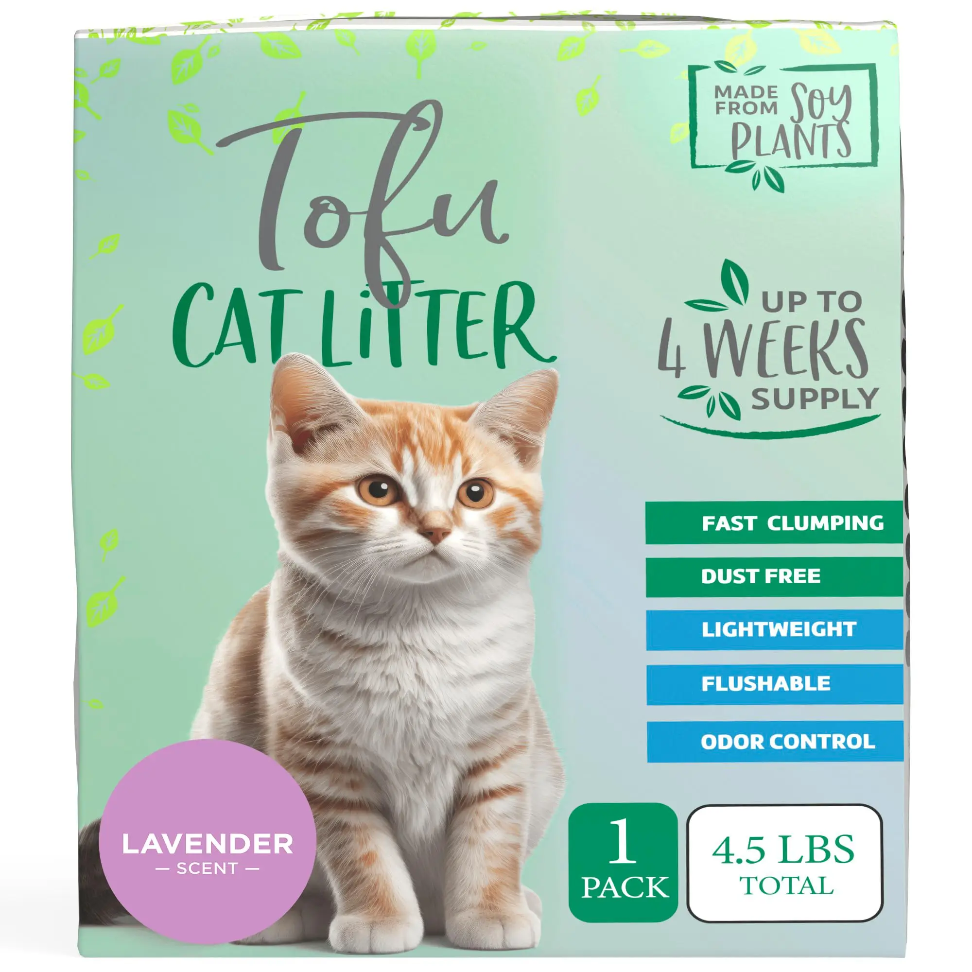 Natural Paw Tofu Cat Litter Pellets, 4.5lb Refill Bag, Lavender Scented, Flushable, Lightweight, No Tracking, Dust-Free, Clumping, Odor Absorbent