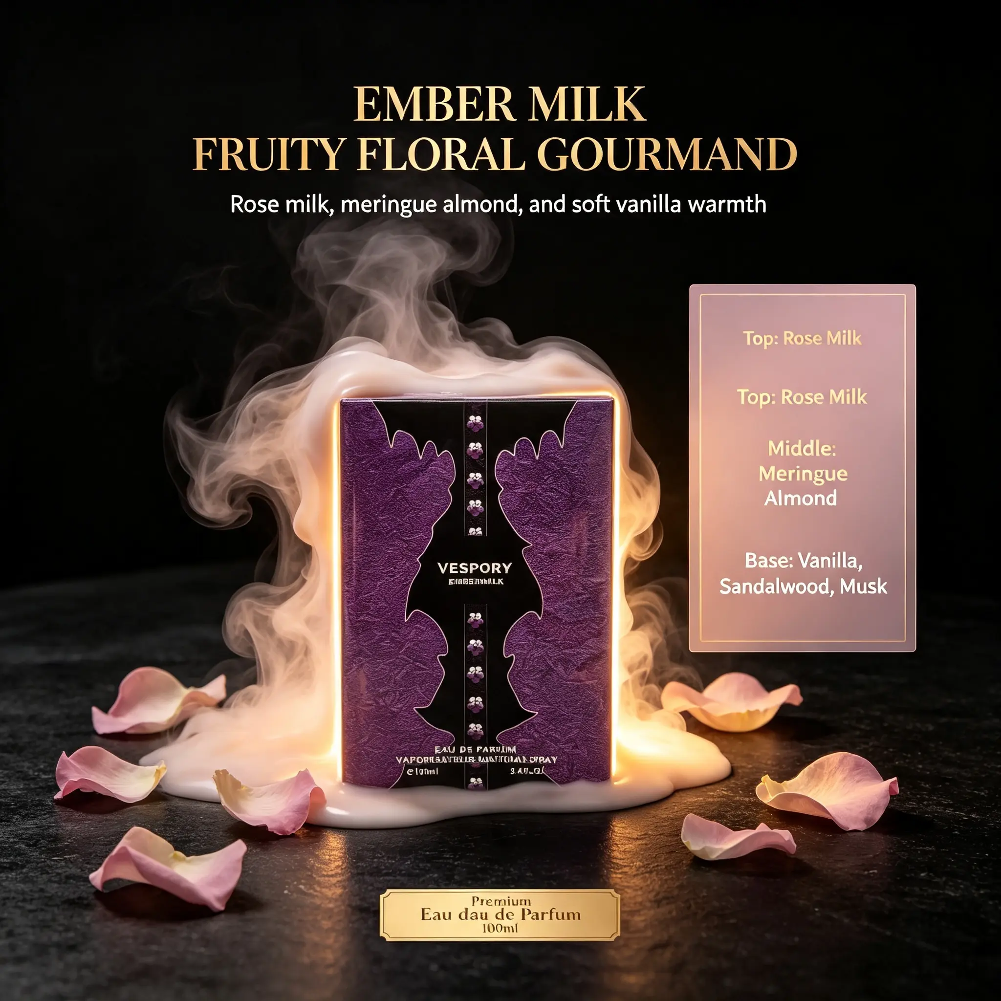 VESPORY Ember Milk Eau De Parfum 100ml | Fruity Floral Gourmand Perfume, Top?Rose Milk, Middle?Meringue Almond, Base?Vanilla Sandalwood Musk, Long?Lasting Creamy Sweet Fragrance for Women, Perfect for Date Night & Daily Wear
