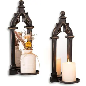 Candle Sconces Black Wall Decor - Gothic Dark Mirror Wall Candle Holder for Halloween Art Decorations - Wood Farmhouse Candles Sconce Set of 2 for Home Fireplace