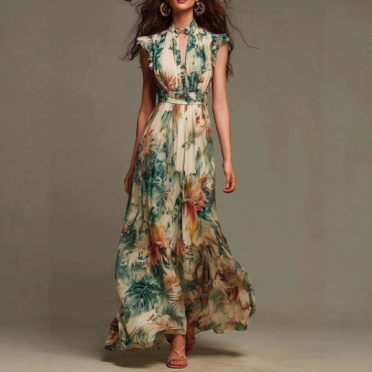 2026 New Women's Elegant V-Neck Full-Skirt Dress – Printed Maxi Shirt Dress