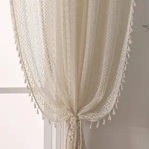Boho Lace Curtains 84 Inch Length - Beige  Crochet Semi-Sheer Panel  & Light Filtering, Rustic Farmhouse Style Drape for Bedroom, Living Room, Dining Room (1 Panel, W59 x L84)