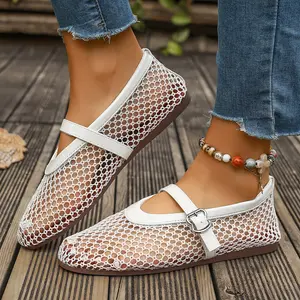 Women's High Top Mesh Ballet Flats with Adjustable Buckle Strap Breathable Fishnet Design Stylish Ballerina Mary Jane Shoes