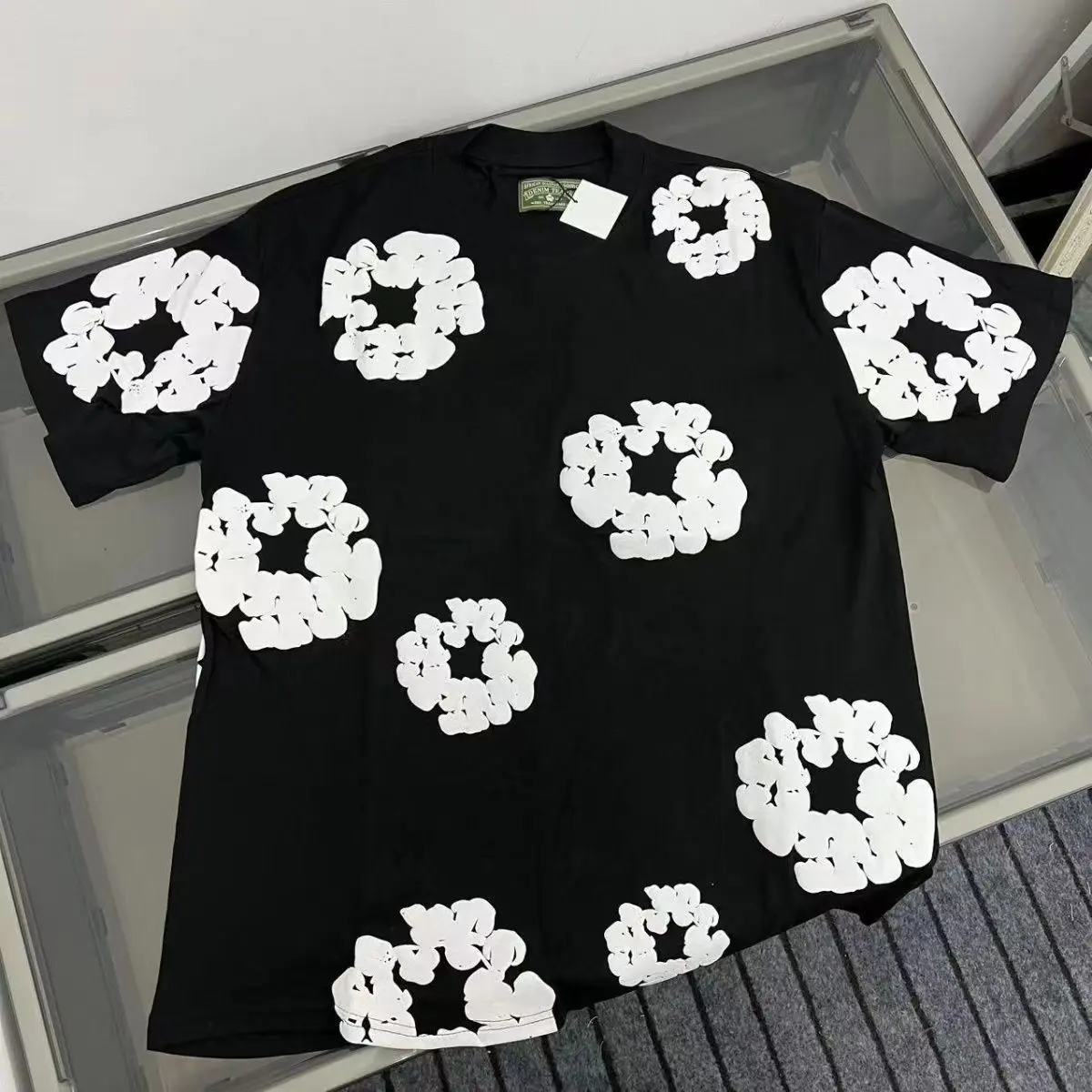 Denim Tears Men's Crew Neck Short Sleeve T-Shirt, 3D FoamFloral Print Loose Fit Cotton Tee, Casual Streetwear for DailyOuting Skate Hip Hop