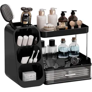 Makeup Organizer for Vanity with Brush Holder, 2 Tiers Countertop Skincare, Cologne Organizer and Perfume Stand for Men Bathroom Vanity, Large Capacity Makeup Storage, Black