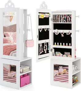Costzon Kids Jewelry Armoire Cabinet, 46" Standing Jewelry Organizer with Full-Length Mirror, Rear Storage Shelves, Garment Rack, Kids Vanity Dress Up Mirror Jewelry Cabinet for Girls (White)