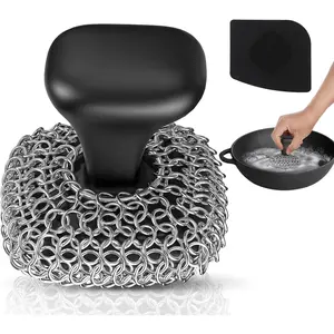 Chainmail Cast Iron Scrubber Dish Scrub Brush 316 Cleaner for Pan Skillet Dishwasher Safe Dish Scouring Pad Cleaning Kit Black 03