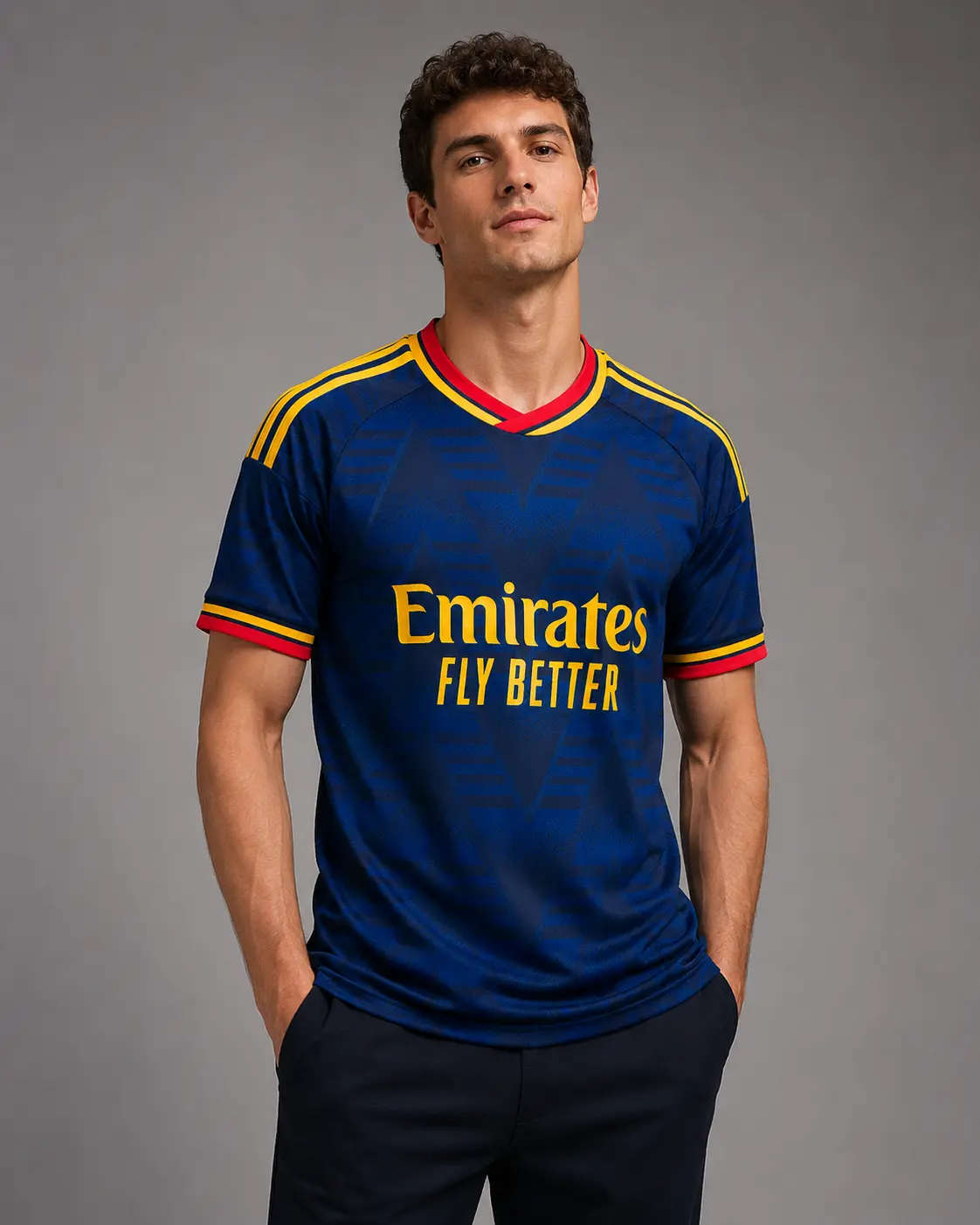 Retro Navy Blue Soccer Jersey – Unisex Short Sleeve Football Shirt with Red & Gold Trim