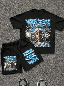 Men Women Short Sleeve T-Shirt Shorts Set, Summer Casual Wear, Graphic Print Design, Comfortable Fitted Fit, Daily Outdoor Activities Tee