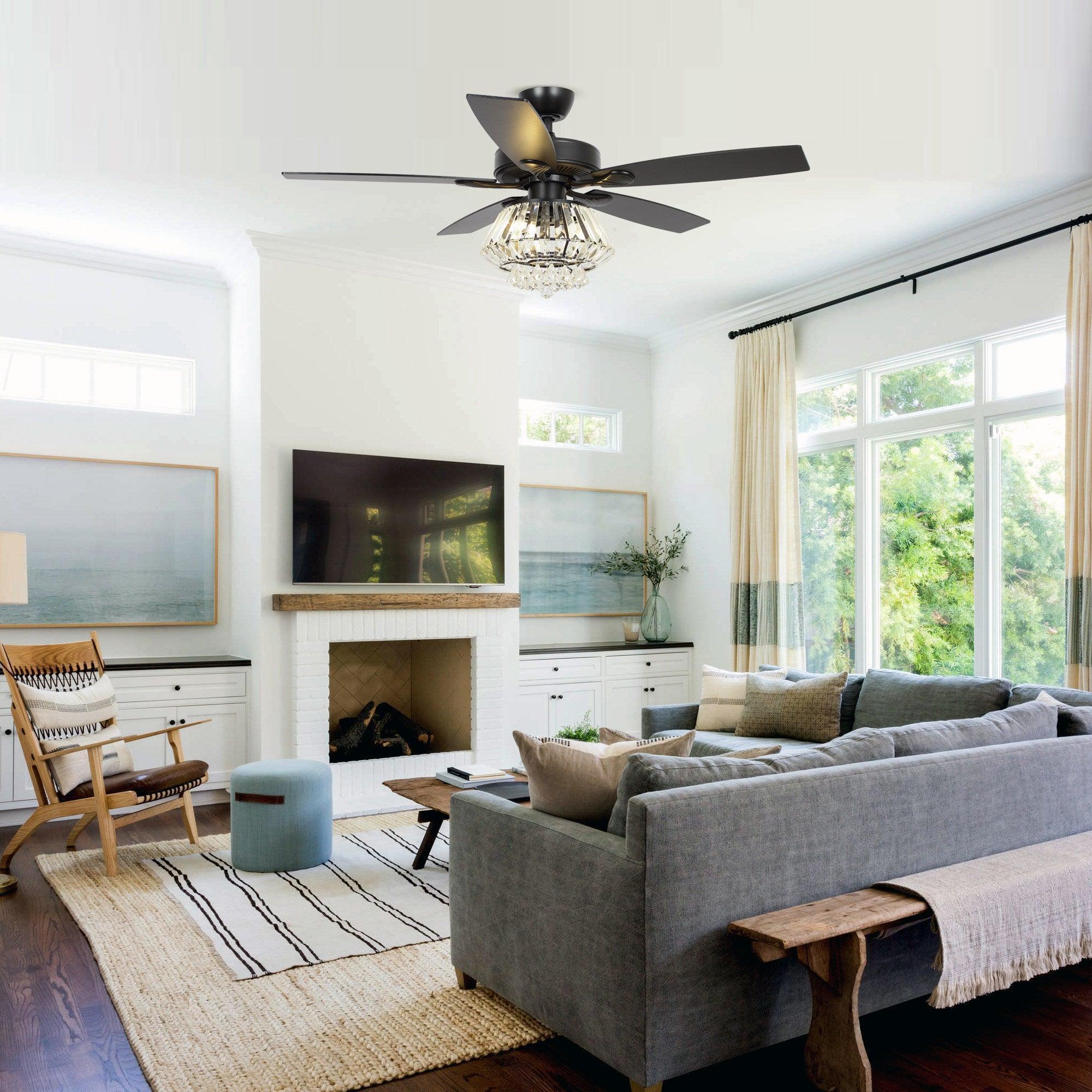 52" Kerala Modern Chrome Crystal Ceiling Fan, Downrod Mount, Reversible Blades with LED Light & Remote Control